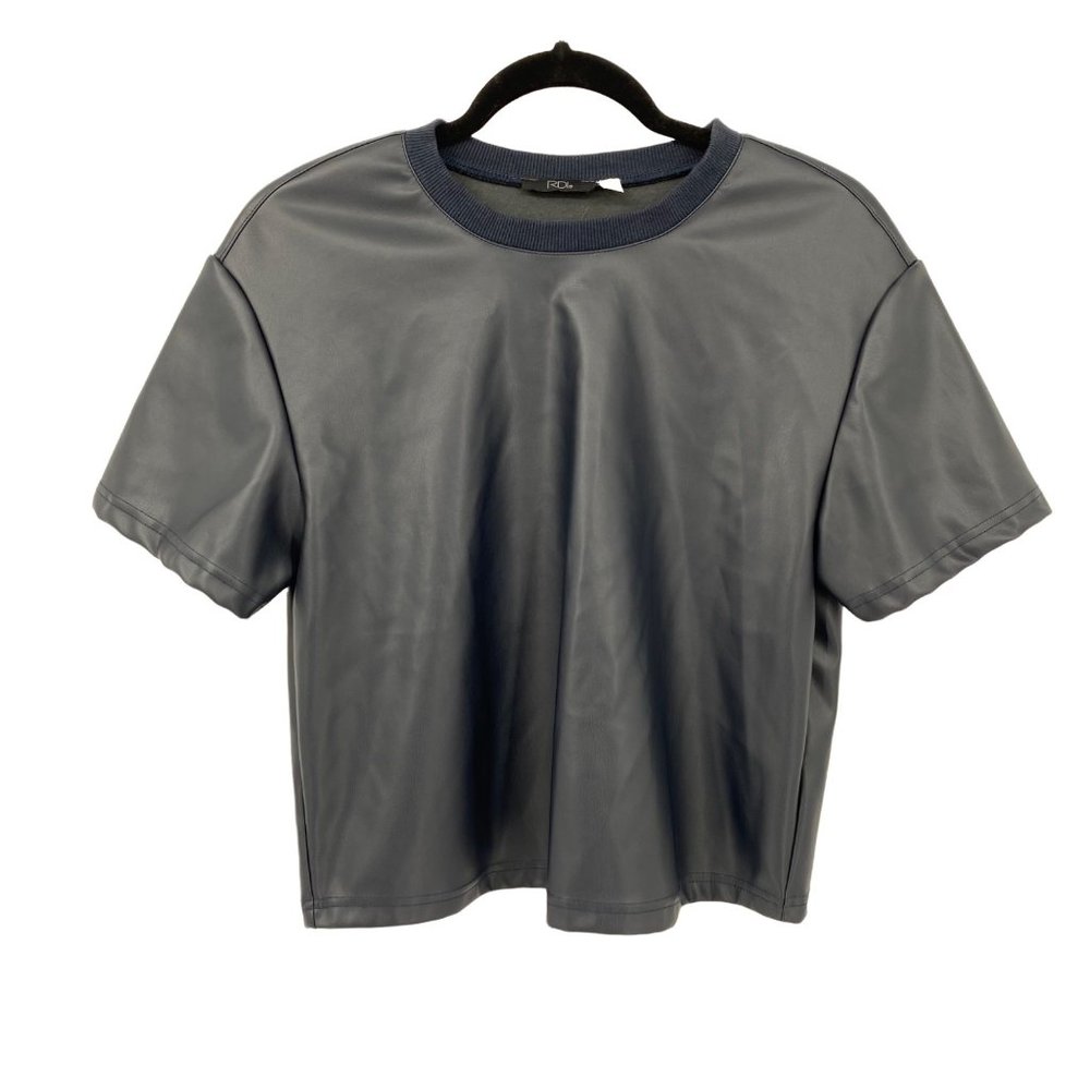 RDI Navy Faux Leather Short Sleeve Crop Top S Crewneck Edgy Moto